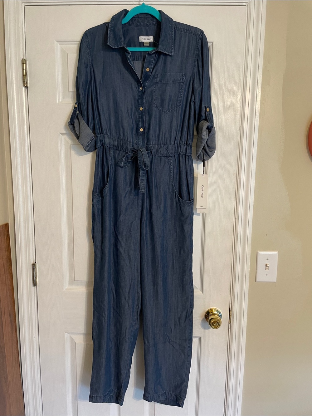 NWT Calvin Klein Denim Button-Front Utility Jumpsuit with Tie Waist